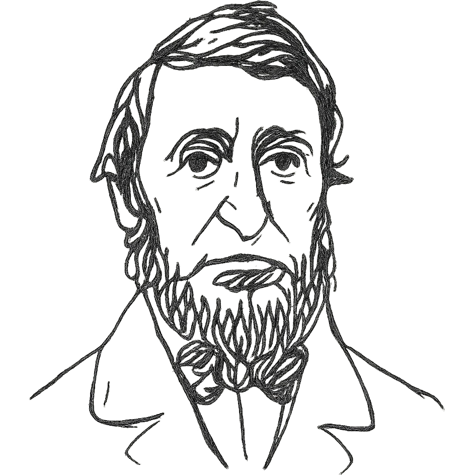 a hand drawn black outline portrait of Henry David Thoreau with similar size eyes based a famous photograph of him emoji