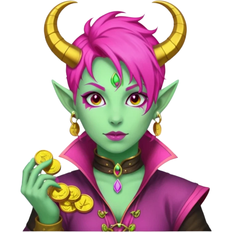 A D&D tiefling with pale green skin and hot pink hair. She is a rouge and is obsessed with gold emoji