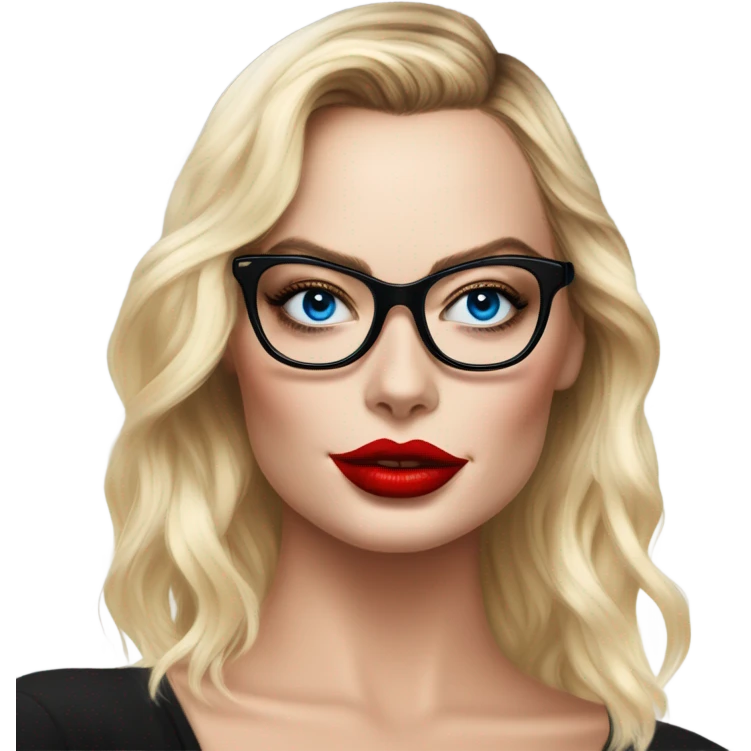  Margot Robbie, bright blue eyes and winged eye liner, red kisses, wearing black glasses  emoji