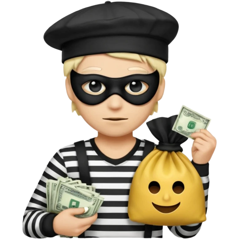Realistic ios emoji-style portrait of a classic burglar, a black eye mask and a black-and-white striped shirt. emoji-like hair, black hat, a bag of money 💰 with a dollar sign in a right corner, evil expression  emoji