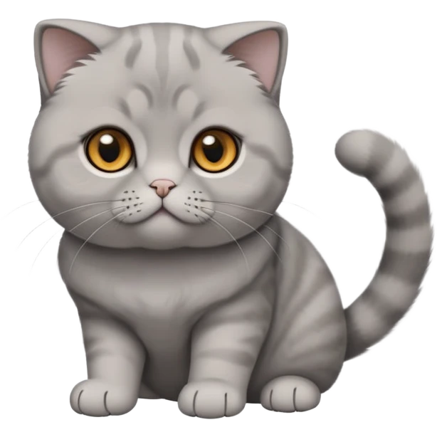  Cinematic-Scottish-Fold-Cat-Realistic-Full-Body-Sitting-Emoji – Tail curled playfully around its paws, head tilted dramatically, soft solid grey fur, signature folded ears adding to its distinctive charm, simplified yet realistic focused features, highly detailed, glowing with an almost sarcastic glow, round amber eyes radiating intelligence and mischief. emoji