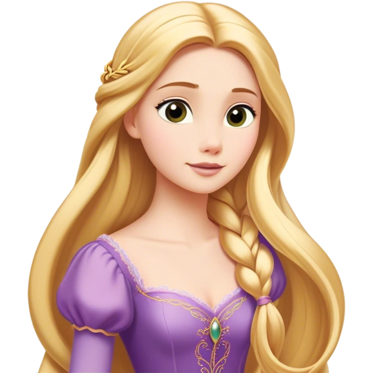 Cinematic Timeless Rapunzel Portrait Emoji, rendered in a clean, vector style. Depict Rapunzel with porcelain skin, beautifully styled long golden hair, and a serene, graceful expression, dressed in her classic gown. The design features bold, clean lines, a soft, magical glow, and a subtle glowing outline that captures her timeless, fairy-tale beauty. emoji