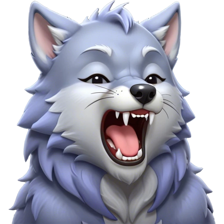 Cinematic Cute Yawning Werewolf Portrait Emoji, with a cuddly, miniature lupine form in soft moonlit grays and silvers, head leaning back in a big, adorable yawn that reveals a few fuzzy teeth, simplified yet irresistibly charming, highly detailed with a soft glowing outline that captures the drowsy, playful essence of a werewolf mid-nap! emoji