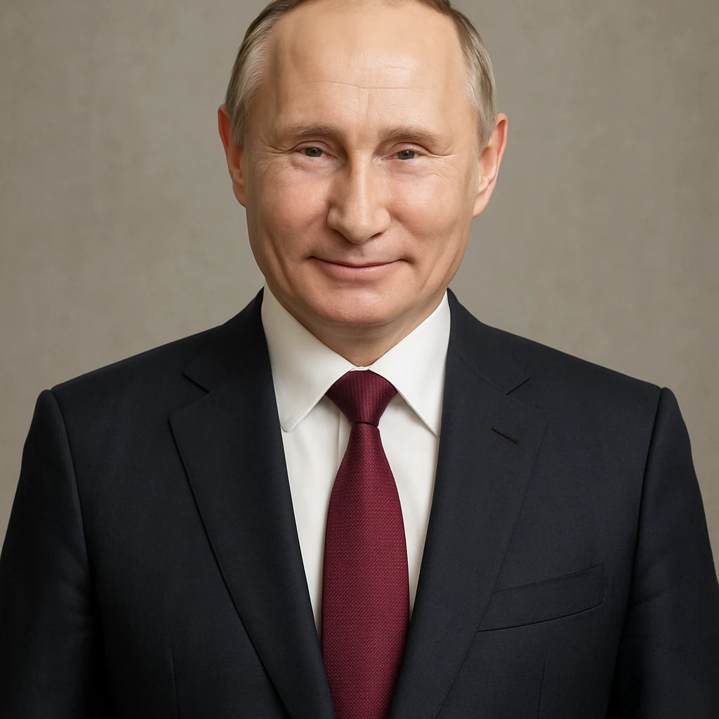 highly realistic photorealistic portrait of Vladimir Putin, smiling gently, full upper body visible, centered in the frame emoji