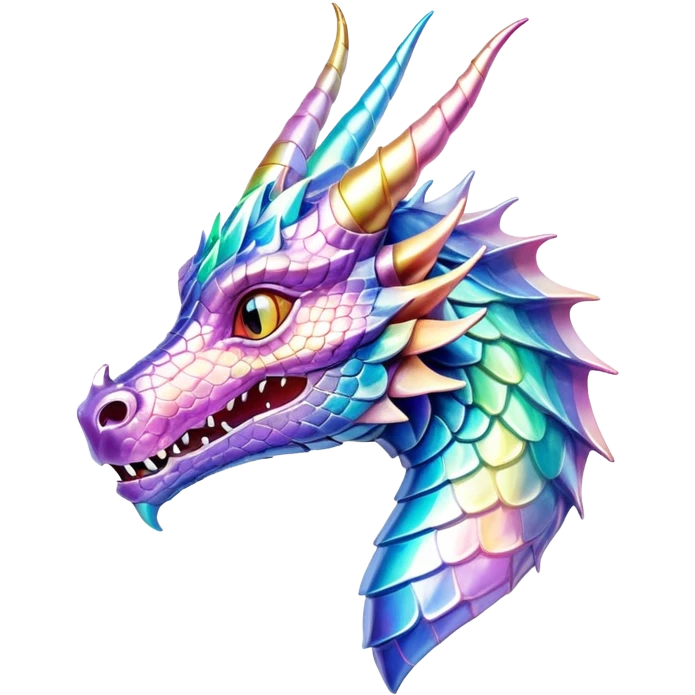Sparkly glossy Pastel iridescent glass dragon head profile, 2 horns emoji