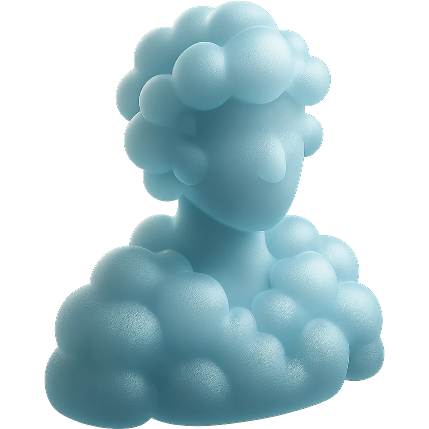 person from shoulders up, front view, fully composed of bright, puffy clouds, matte glass style emoji