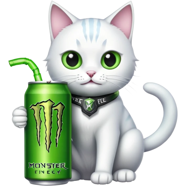 White cat with a can which is energy drink brand Monster emoji