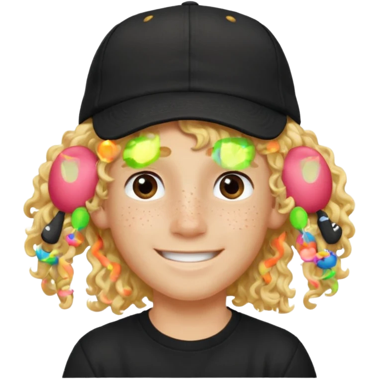 blonde boy with long curly hair past his hears and a LA hat, smiling, wearing a black shirt with freckles emoji