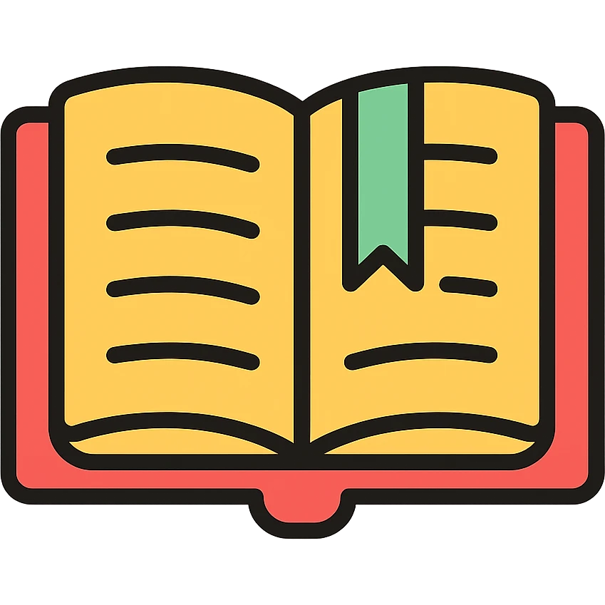 open red hardcover book with green ribbon bookmark emoji