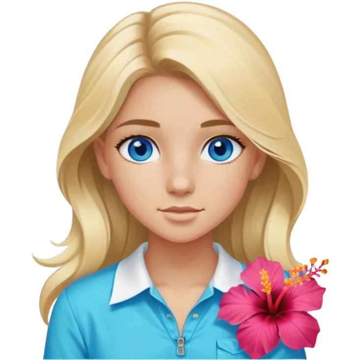 preppy coastal teen girl with blue eyes, beach blonde hair, tan skin, hibiscus flower in her ear, preppy beach outfit emoji