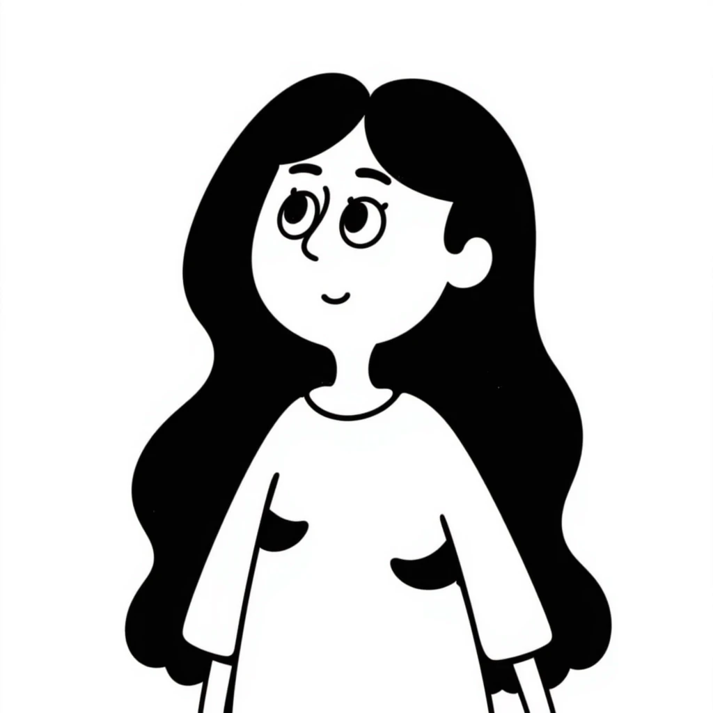 a confused white girl with long black hair and brown eyes, hand drawn doodle style emoji