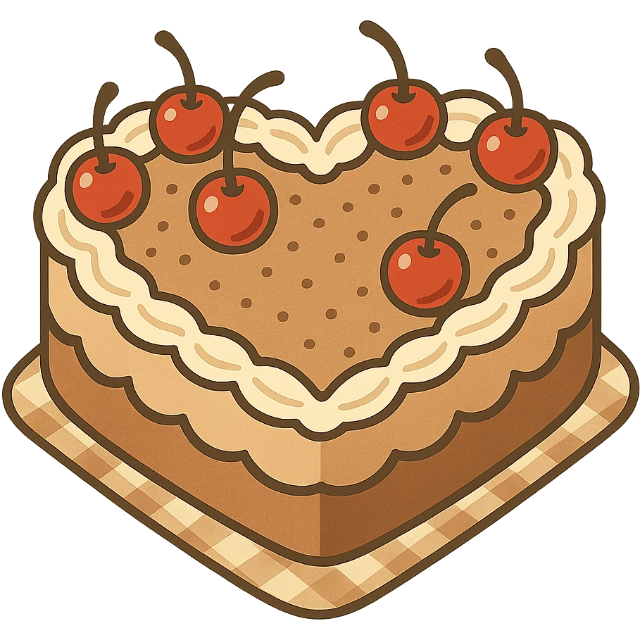 flat toon heart-shaped vintage-style cake with cherries emoji