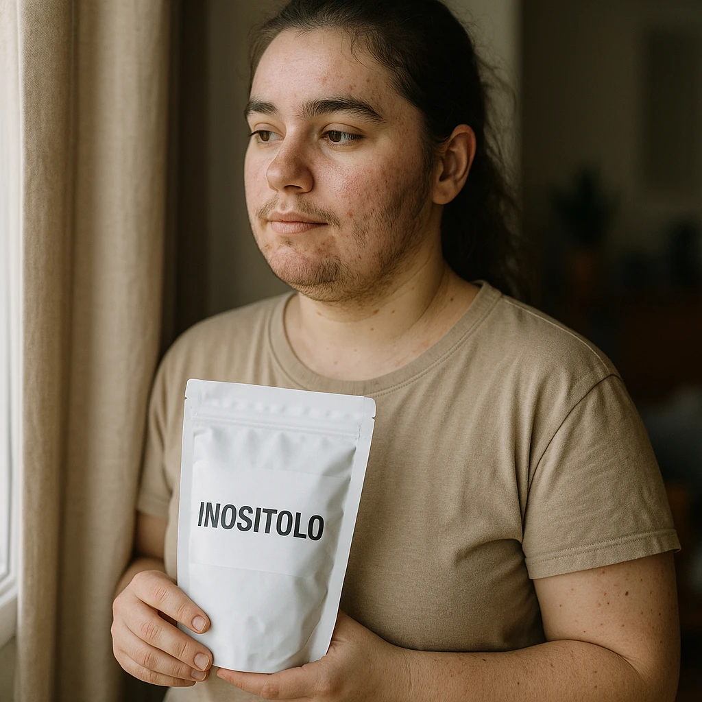 Realistic photograph of a woman with PCOS standing near a window holding a package with the label 'Inositolo' clearly visible. She has acne and facial hair, thin hair, and a relaxed expression in a domestic environment with natural light. emoji