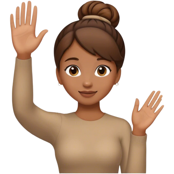 Light brown skin girl, brown hair in bun, waving goodbye emoji
