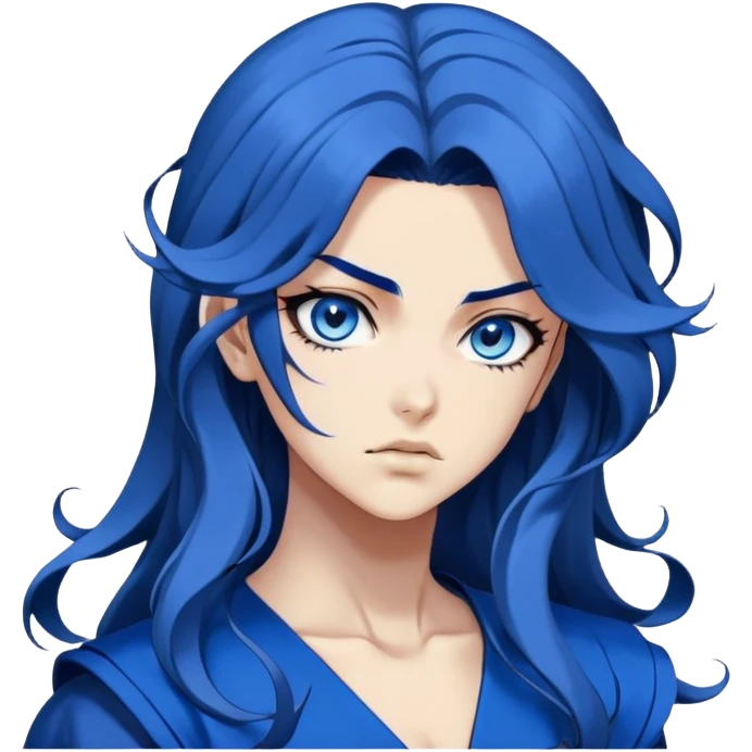 head portrait of anime girl with long dark blue hair, blue rose in hair, fierce blue eyes, extremely intense JoJo's Bizarre Adventure style expression, dramatic angle, bold outlines, strong shading emoji