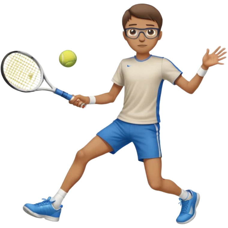 homme l'air cool taille moyenne corpulence maigre cheveux chatain court yeux bleus lunettes photo de pieds en pantalon qui fait du tennis emoji