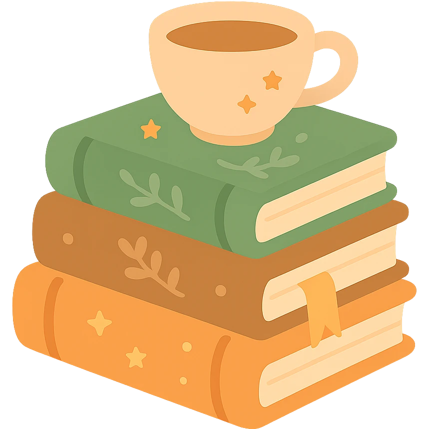 A cute stack of books with a cozy and magical vibe, each book bound in soft, harmonious colors: golden orange (FA9B41), forest green (4A7C5C), warm taupe brown (96775A), and pastel peach (FFCC9A). The books are slightly worn with rounded corners and decorative covers featuring tiny stars, floral motifs, or whimsical patterns. A ribbon bookmark peeks out from one, and a small cup of tea or magical trinket rests on top of the stack. The lighting is warm and gentle, with a dreamy, storybook feel. The overall scene feels inviting, charming, and gently enchanted emoji