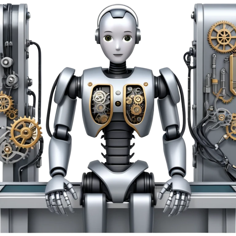 An icon featuring a humanoid robot assembling parts with mechanical arms, a circuit board in its chest, and a conveyor belt in the background. The design includes gears, sensors, and a robotic claw, symbolizing robotics innovation and automation. Transparent background emoji