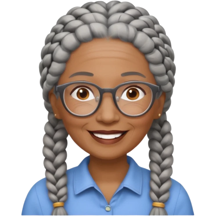 Older woman of color with gray braids, glasses and smiling emoji