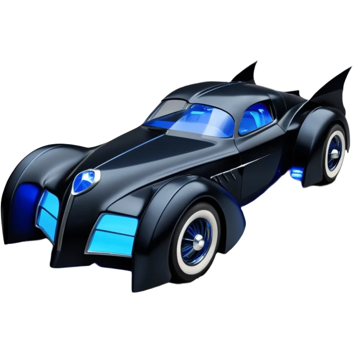  the animated series aerodynamic alien opulent dark knight futuristic concept Batmobile loosely based on 1936 cord 812(flat long straight faceted mechanical body) winged stealthy blue headlight covers street hot rod  emoji