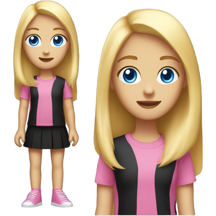 girl with long straight blonde hair, blue eyes, she wear so much make-up, has a pink t-shirt and a black skirt emoji