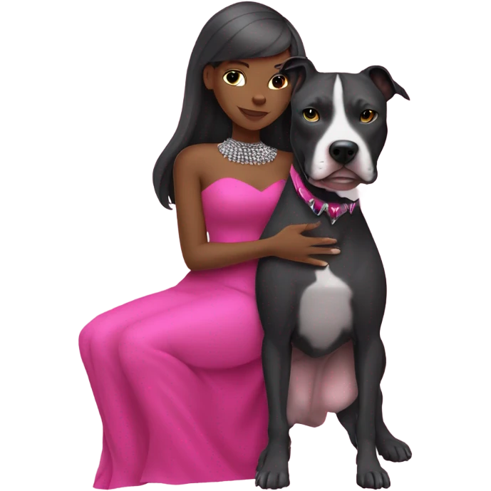 Black lady with black hair wearing hot pink dress hugging large all grey pitbull with spiked pink collar emoji