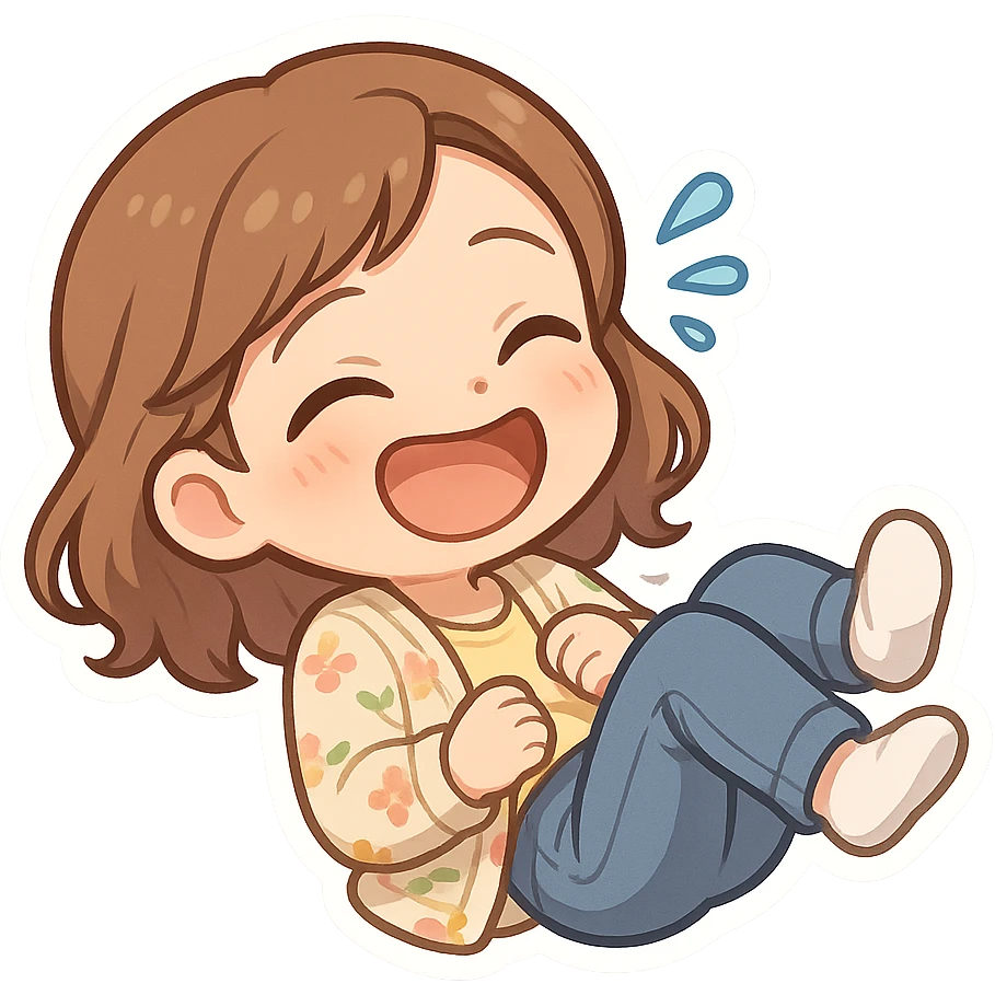 3D chibi style high-quality rendering with smooth shadows and soft gradients, girl based on reference image preserving facial features and hairstyle, wearing jeans and pastel floral cardigan, thick white outline like a sticker, rolling on the floor laughing emoji