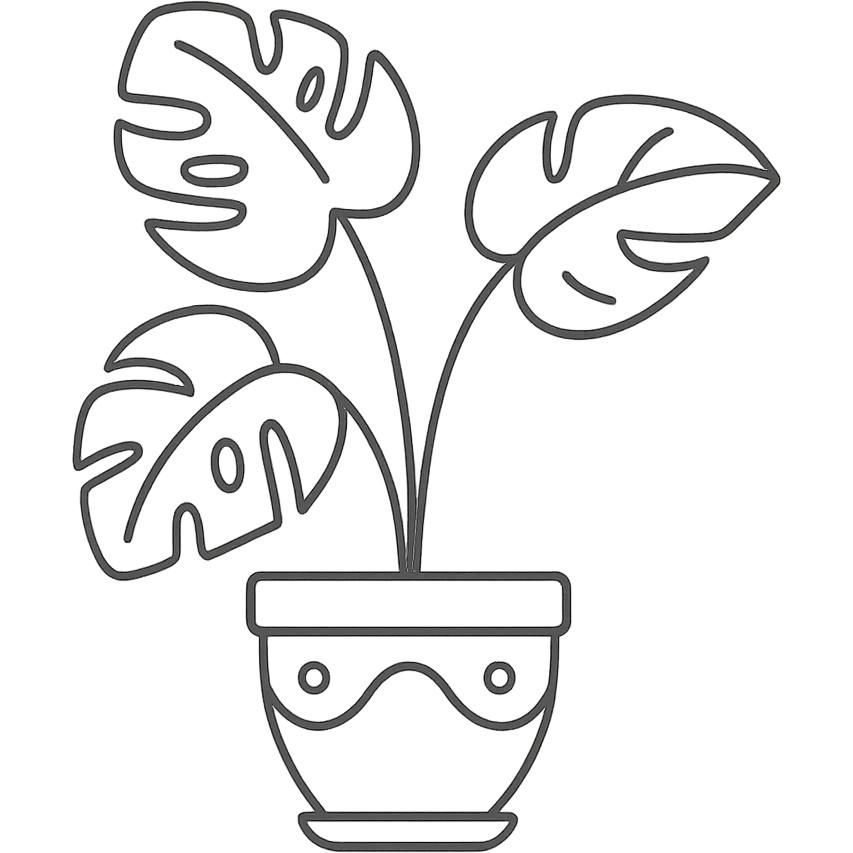 A potted monstera plant with detailed leaves, gentle curves, and a simple decorative pot, minimalist home decor illustration emoji