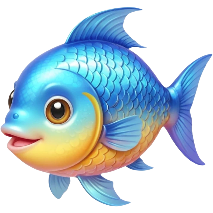 extremely cute, detailed fish, shiny plastic look, tiny body, huge sparkling eyes with highlights, friendly smile, fine scale texture, soft pastel colors with bright accents, small accessories like hearts, detailed shading emoji