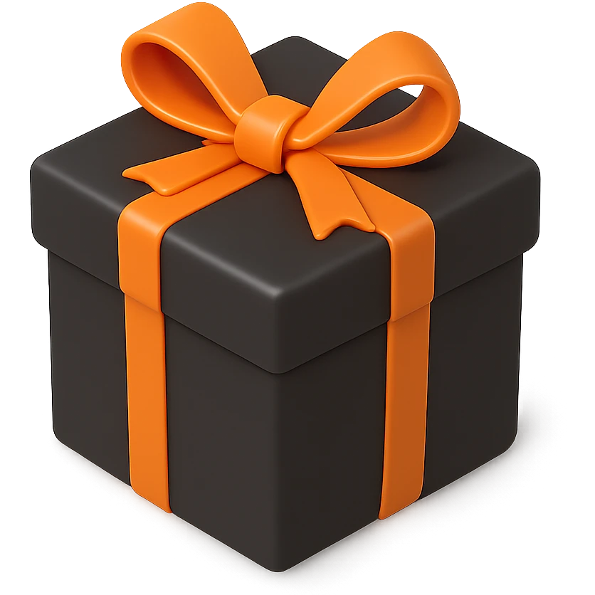 3D present box, matte black, shiny orange bow, perspective view emoji
