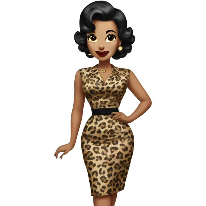 pin up brown woman with black hair in a 50s leopard dress emoji