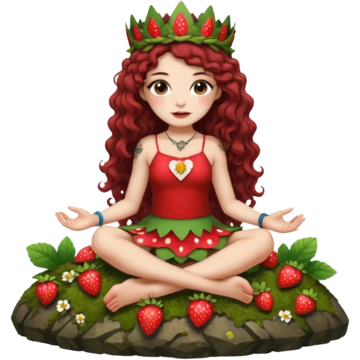 full body woman long curly brown hair brown eyes white skin tattoos sitting on moss rock wearing strawberry crown and short petal skirt emoji
