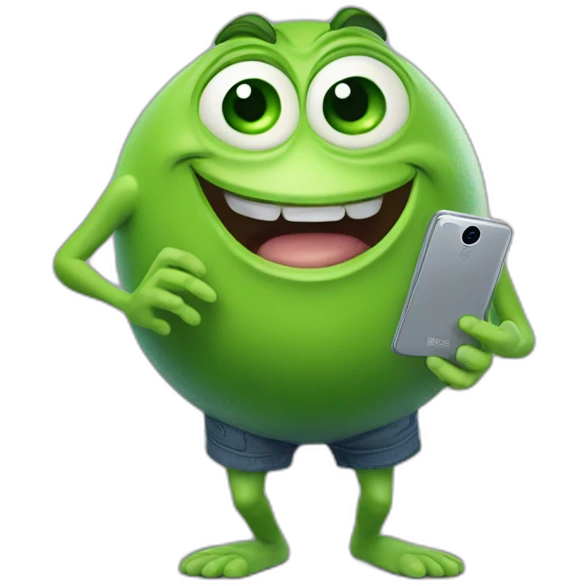 3D stickers for telegram, Mike wazowski with legs, looking into his phone and laughing, 8k, super realism, super detail emoji