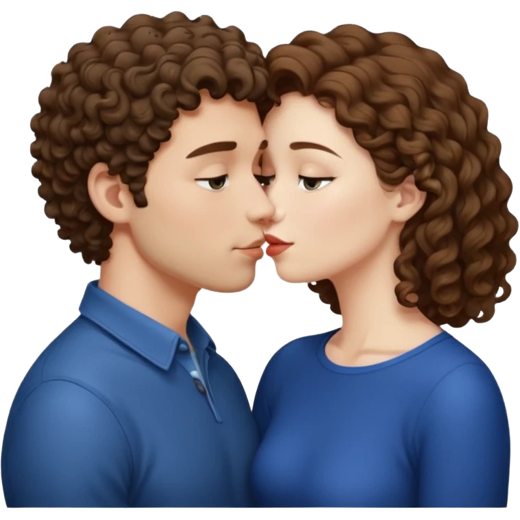 A couple kissing, the man would be white-skinned, short-curly, brown-haired. The serious woman with white skin, long hair and brown color emoji