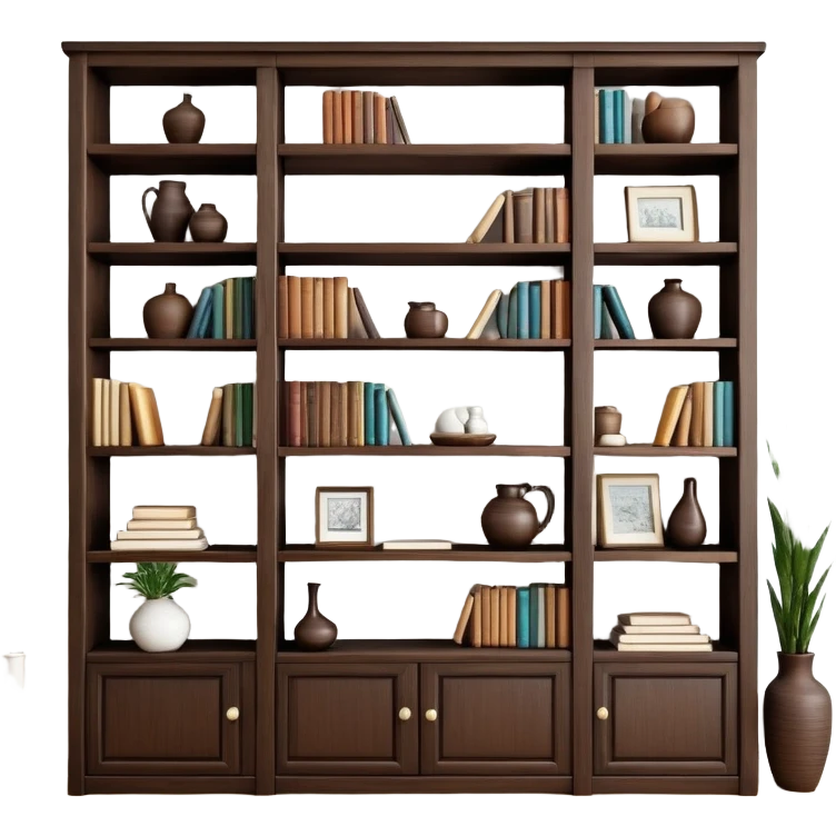 Wooden shelving unit with books and decorative items emoji