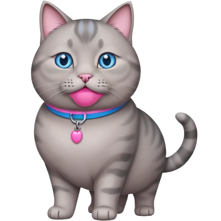 A fat grey cat with a pink collar and walking and looking at u with blue eyes emoji