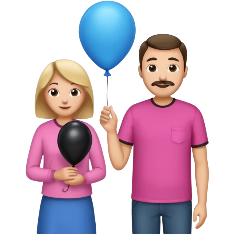 Mom in pink shirt dad in blue shirt holding black baloon happy 1 baloon emoji