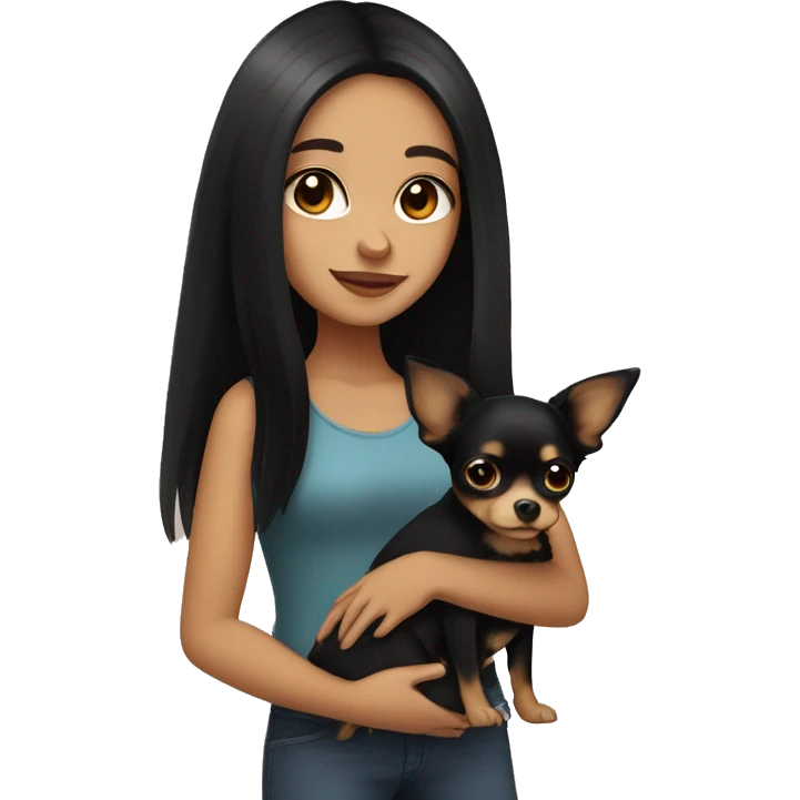 Pretty girl with long black hair, brown eyes, holding a black and tan chihuahua emoji