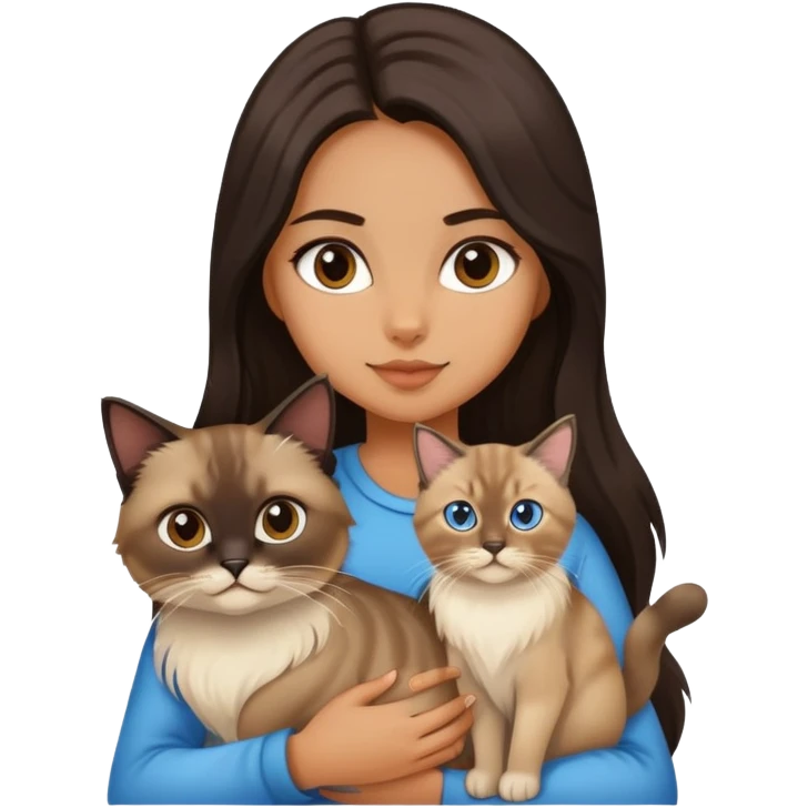 A girl with dark long hair holding a siamese cat and a siberian cat emoji