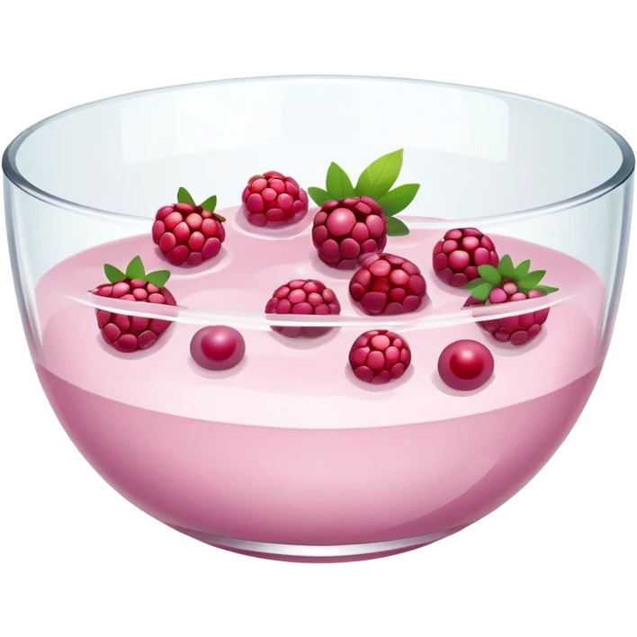 A clear glass bowl filled with milky light pink liquid with chunks of various berries floating in it emoji