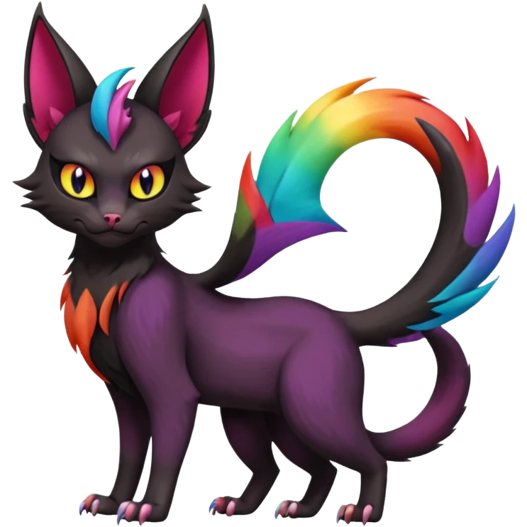 Black with rainbow-markings edgy Noivern-Noibat-Purloin-Torracat-Lykoi-Caracal-cat-Fakemon-fusion-hybrid-creature emoji
