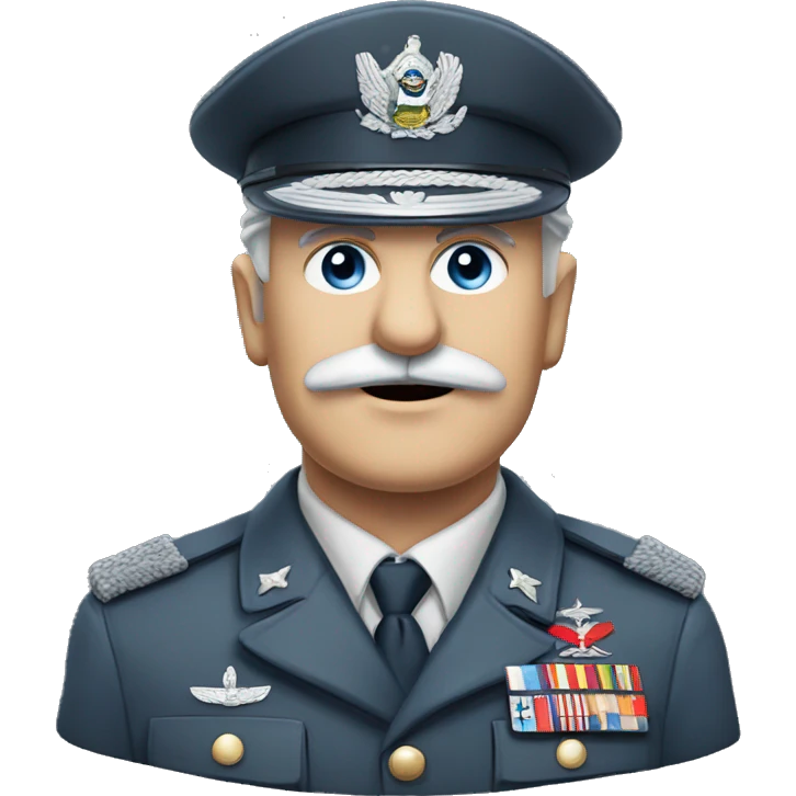 an old military general with grey military chilean uniform, grey military hat, white moustache, blue eyes emoji