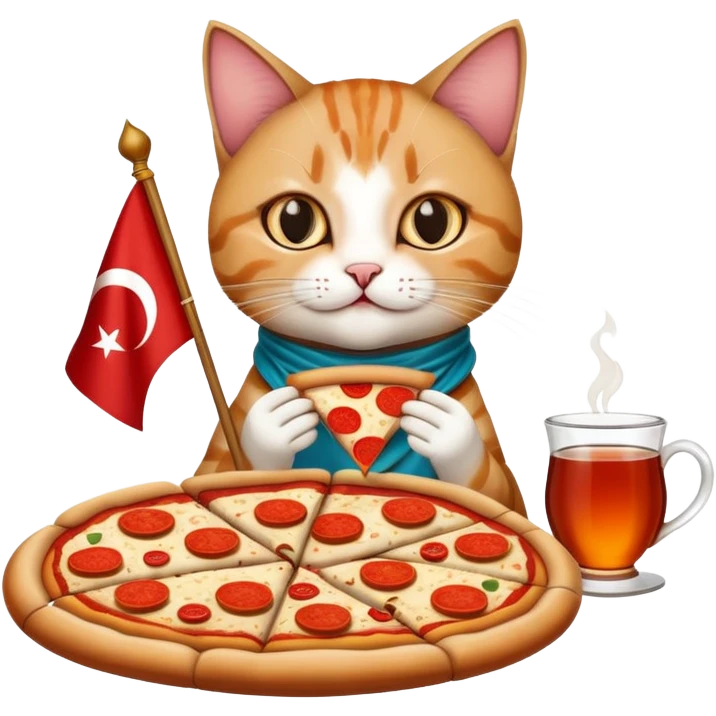 Gato vestido de bandera turca comiendo piZZA Y TE MARROQUÍ emoji