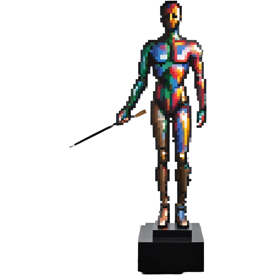 A paintbrush transforming into a metallic human silhouette sculpture, with museum-like display pedestal, symbol of artistic identity emoji