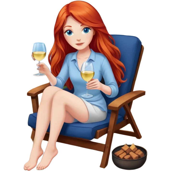 Laughing woman with long red hair and blue eyes holding white wine sitting in chair with feet up beside fire pit emoji