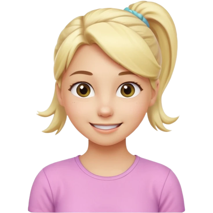 A playful blonde female cartoon character with wide, mischievous eyes, smiling, ponytail, dynamic pose suggesting movement, pastel colors, minimalistic and cute emoji style. emoji