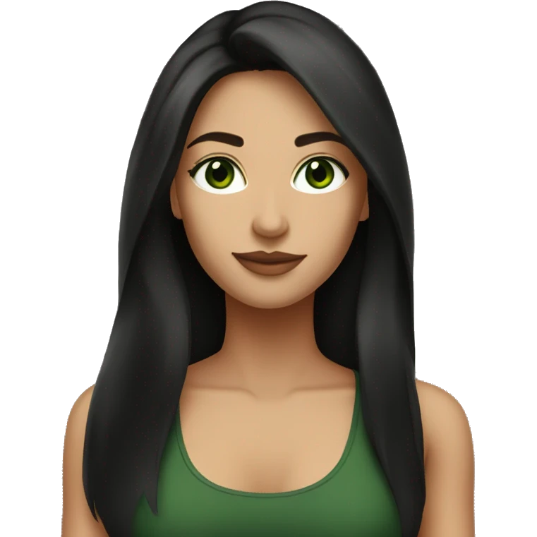 Attractive woman with very long dark brown hair and dark green eyes, wearing a black tank top emoji