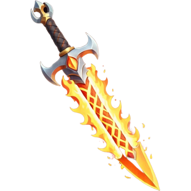 fire guardian sword object icon, flaming blade, glowing lava runes, ember sparks, fantasy weapon, 3D cartoon, mobile game icon style, centered, clean background, no text, no watermark
 emoji