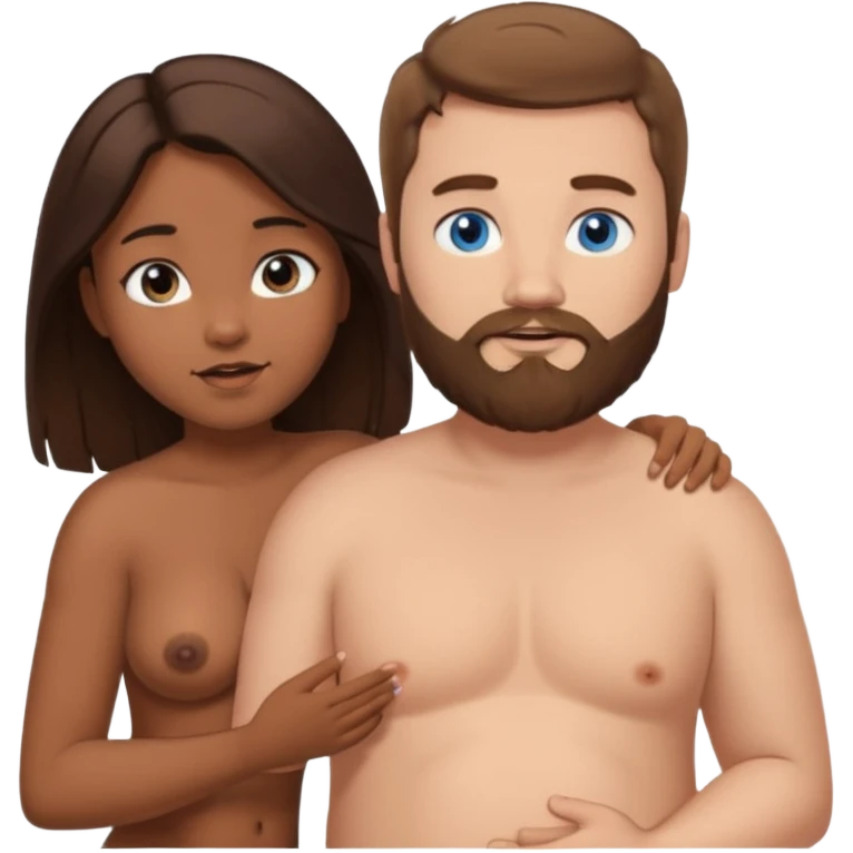 chubby white guy with brown hair and beard and blue eyes, holding a brown girl with long dark hair and dark brown eyes in arms, naked, showing tits and pussy emoji