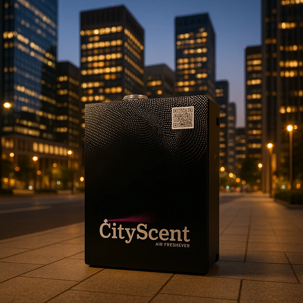 Place this exact CityScent air freshener machine in the center of a modern cityscape at evening, illuminated by ambient city lights, no people, focus on the machine. The style should be realistic and detailed to showcase the machine prominently in the cityscape. emoji